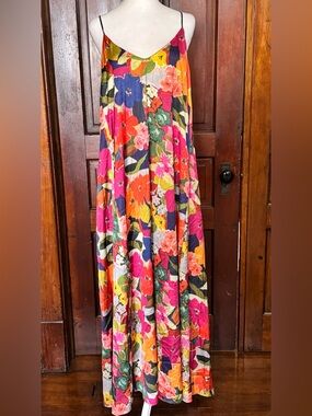 Nicole Miller New York Satin Maxi Dress Size XL Poppy Floral Spaghetti Straps